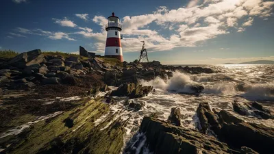 AI-generated: red and white striped lighthouse on a rocky coast, waves breaking on dark rocks in front of it, dense clouds gathering in the sky.