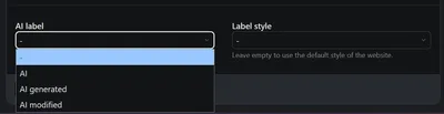 Ausschnitt aus dem Contao-Backend im dunklen Design. Links ist das Auswahlfeld „AI label" geöffnet und zeigt die Einträge „-", „AI", „AI generated" und „AI modified". Rechts steht das Feld „Label style" mit dem Hinweis, es leer zu lassen, um den Standard-