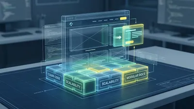 Technical illustration of a modular website structure on a digital blueprint. Visualizing maintainability and longevity through swappable components and a solid foundation for long-term digital infrastructure.