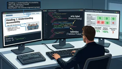 An illustration of a developer at a triple-monitor workstation focusing on accessibility standards, with text-to-speech visual, code view including specific HTML attributes like 'aria-label' and 'tabindex', and a testing dashboard showing results.